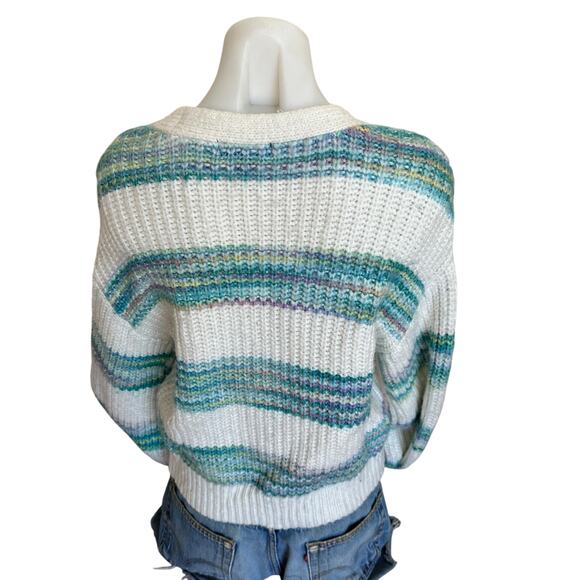 Slate & Willow White Teal Striped Oversized Cardigan Sweater SMALL Cropped $125 - Picture 9 of 10